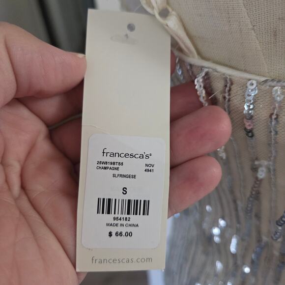 NWT Francesca's Champagne Sleeveless Sheer Net Fringe Sequin Party Club Dress S - Picture 5 of 11